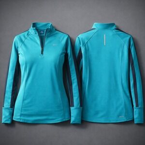 Nike Running Dri-FIT Quarter Zip Pullover Teal Blue Grey Thumbholes Womens M‎